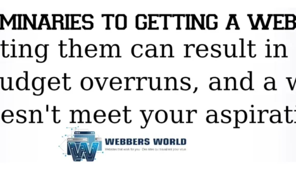 Webbers World informative banner titled PRELIMINARIES TO GETTING A WEBSITE. The text warns that neglecting these steps can lead to a loss of time, budget overruns, and a website that does not meet objectives.