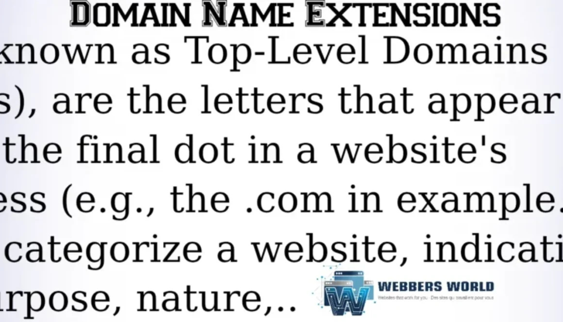 Infographic titled "DOMAIN NAME EXTENSIONS" explaining that they are also known as Top-Level Domains (TLDs). The text defines them as the letters appearing after the final dot in a website address, such as the ".com" in "example.com," and notes that they indicate a website's purpose and nature. A logo for "Webbers World" is at the bottom.