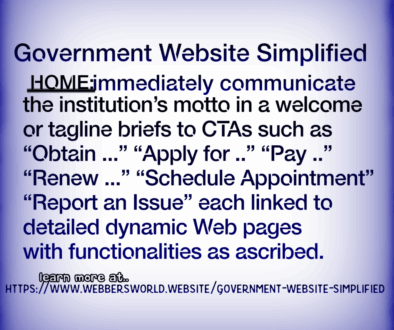Government Website Simplified HOME:jmmediately communicate the institution's motto in a welcome or tagline briefs to CTAs such as "Obtain ..." "Apply for .." "Pay .." "Renew ..." "Schedule Appointment" "Report an Issue" each linked to detailed dynamic Web pages with functionalities as ascribed. learn more at https://www.webbersworld.website/government-website-simplified