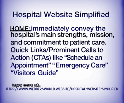 Hospital Website Simplified HOME: immediately convey the hospital's main strengths, mission, and commitment to patient care. Quick Links/Prominent Calls to Action (CTAs) like "Schedule an Appointment" "Emergency Care" "Visitors Guide" learn more at https://www.webbersworld.website/hospital-website-simplified/