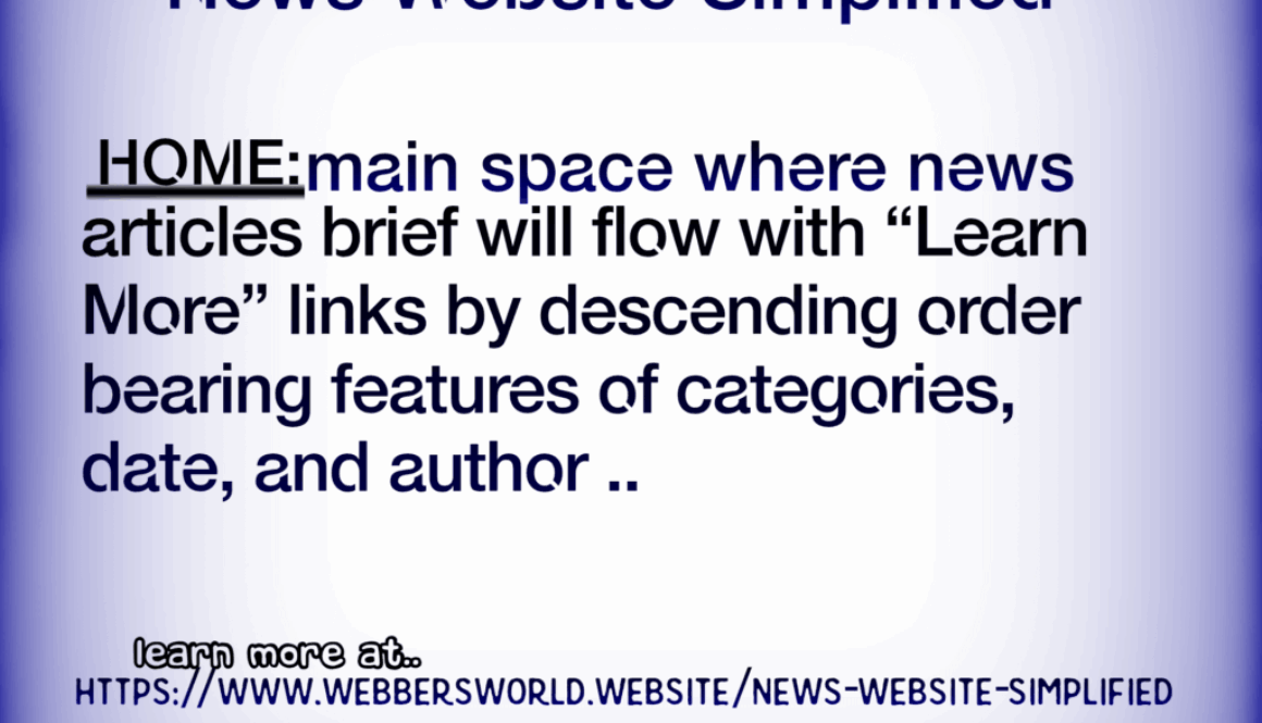 News Website Simplified HOME: main space where news articles brief will flow with "Learn More" links by descending order bearing features of categories, date, and author .. learn more at https://www.webbersworld.website/news-website-simplified/