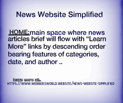 News Website Simplified HOME: main space where news articles brief will flow with "Learn More" links by descending order bearing features of categories, date, and author .. learn more at https://www.webbersworld.website/news-website-simplified/